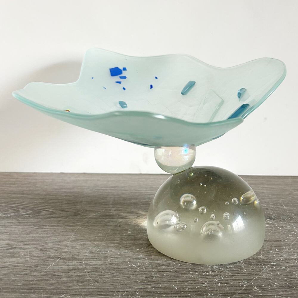 Vintage Hand Crafted Fused Glass Art Pedestal Abstract Candy / Trinket Dish EUC